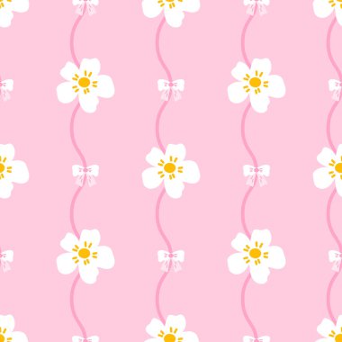 Kawaii 'den esinlenilmiş çiçek ve dalga arkaplanlı kalp deseni. Kağıt, kumaş ve kadınsı yay temalı dekorlar için kusursuz vektör tasarımı ideal.