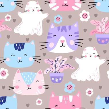 Kedi yüzlü, kalpli ve çiçekli kusursuz bir şekil. Çocuk kıyafetleri, çocuk dekorasyonu ve ambalaj kağıdı için mükemmel. Parlak, neşeli ve modaya uygun tasarım.