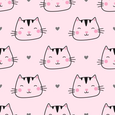Çizgi film kedileri ve kalpleri olan kusursuz bir model. Kumaş baskılar, çocuk odası dekorasyonu ve eğlenceli tasarımlar için uygun. Modern ve şirin bir tarz..