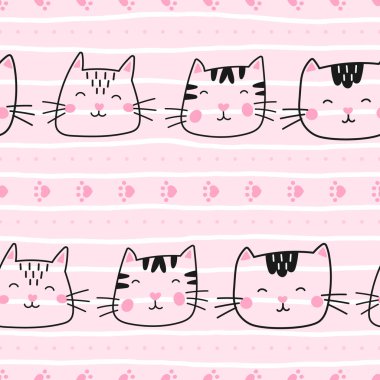 Kedi yavruları ve çiçeklerle renksiz bir model. Çocuk ürünleri, ambalaj kağıdı ve moda tasarımları için ideal. Eğlenceli ve eğlenceli baskı.