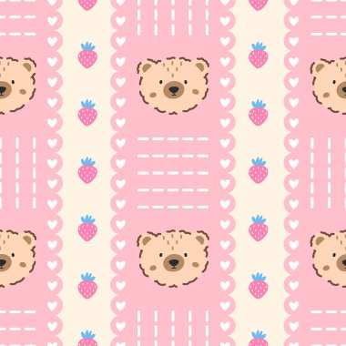 Kawaii dikişsiz böğürtlen ve pastel renkli çilek. Sevgililer Günü için vektör bg, çocuk kıyafetleri, bebek eşyaları ve ambalaj kağıdı..
