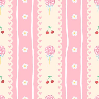 Kirazlı, kalpli ve pastel renkli, kusursuz Kawaii deseni. Sevgililer Günü için vektör bg, çocuk kıyafetleri, bebek eşyaları ve ambalaj kağıdı..