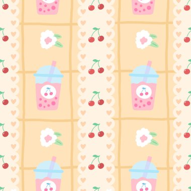 Kirazlı, kalpli ve pastel renkli, kusursuz Kawaii deseni. Sevgililer Günü için vektör bg, çocuk kıyafetleri, bebek eşyaları ve ambalaj kağıdı..