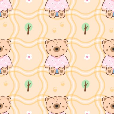 Mantarlı ve orman elementli sevimli oyuncak ayı banyosu, Kawaii 'de kusursuz desen. Sonbahar kumaşları ve çocuk ürünleri için vektör tasarımı.