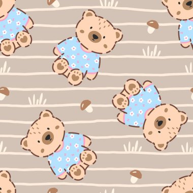 Mantarlı ve orman elementli sevimli oyuncak ayı banyosu, Kawaii 'de kusursuz desen. Sonbahar kumaşları ve çocuk ürünleri için vektör tasarımı.