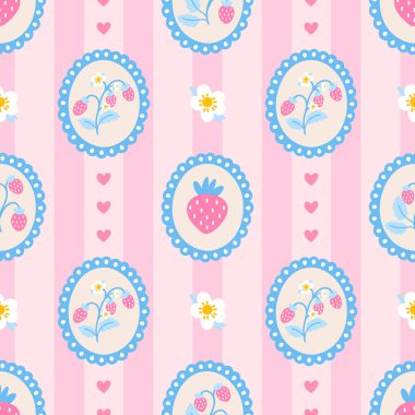 Pembe çilekler, çiçekler ve botanik detaylar içeren kusursuz desenler. Bebek dekorasyonu, kumaş baskıları ve kız tasarımları için mükemmel. Tatlı, minimal ve şık..