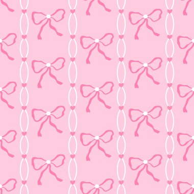 Pembe fiyonklu, kurdeleli ve hassas pastel palette kalpli kusursuz bir şekil. Paket kağıdı, çocuk kıyafeti ve kadın tekstil tasarımı için idealdir..
