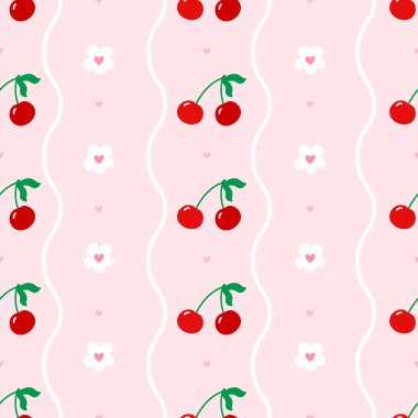 Tatlı kirazlar ve botanik elementlerden oluşan kusursuz bir desen. Piknikten esinlenilmiş tasarımlar, yay duvar kağıtları ve mevsimlik kumaş baskıları için ideal..