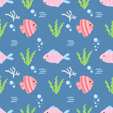 Ahtapot, balık, deniz yosunu ve renksiz pastel arka planda deniz yıldızı desenli şirin bir su deseni. Tropikal bebek tekstili ve yaz temalı ürünler için mükemmel..
