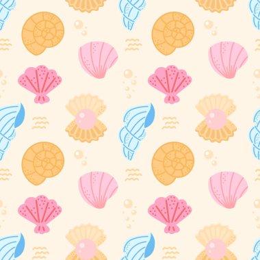Pastel deniz kabukları ve kawaii deniz tarzında okyanus elementleriyle kusursuz desen. Plaj temalı tekstil ve yaz dekorasyonu için harika bir vektör arkaplanı.