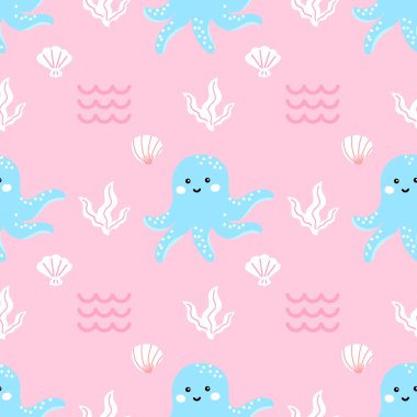 Kawaii 'nin kusursuz deseninde tropik sualtı dünyasında sevimli ahtapot ve mercanlar var. vektör tasarımı çocuklar için mükemmel tekstil ve okyanus temalı dekor.