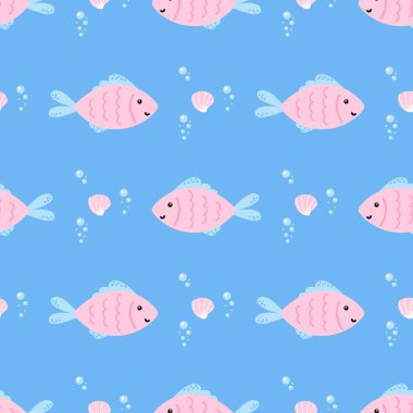 Tatlı balıklar, deniz kabukları ve pastel bir palette kabarcıklar olan kusursuz okyanus deseni. Kawaii vektör tasarımı bebek tekstil, çocuk odası duvar kağıdı ve yaz ambalaj kağıdı için mükemmel..