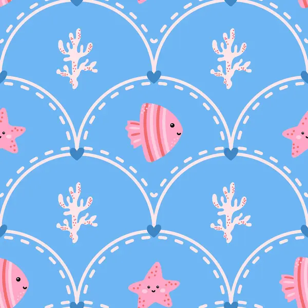 Kabarcıklı, kabuklu ve balıklı kawaii deniz deseni. Çocuk kıyafetleri, kreş eşyaları ve plaj temalı ambalajlar için vektör tasarımı.