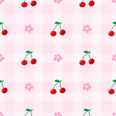 Kiraz ve gingham ile biçimsiz vektör baskısı modern kumaş, yenilebilir duvar kağıtları ve oyuncu tekstil tasarımları için ideal..