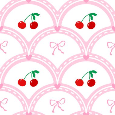 Kawaii tarzında canlı, kirazsız bir desen. Ambalaj kağıdı, çocuk modası ve taze organik gıda temaları için harika..