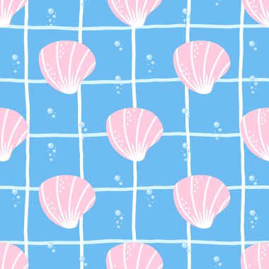 Pastel deniz kabukları ve kawaii deniz tarzında okyanus elementleriyle kusursuz desen. Plaj temalı tekstil ve yaz dekorasyonu için harika bir vektör arkaplanı.