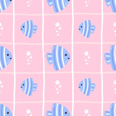 Kabarcıklı, kabuklu ve balıklı kawaii deniz deseni. Çocuk kıyafetleri, kreş eşyaları ve plaj temalı ambalajlar için vektör tasarımı.