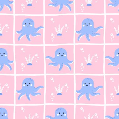 Şirin ahtapot ve deniz canlılarının kabukları, yosunları ve kabarcıkları var. Kawaii tasarımı bebek ürünleri, duvar kağıtları ve ambalaj kağıdı için idealdir..