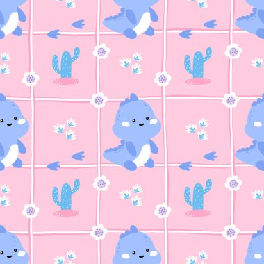 Kawaii tarzı dino kusursuz desenli çiçekler, gingham ve neşeli renkler. Bebek modası için vektör tasarımı, kreş baskıları ve kız işi tekstil ürünleri..
