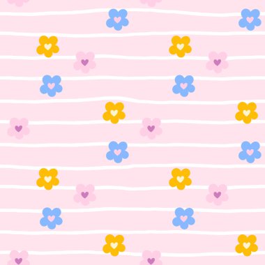 Papatya çayı ve papatya çiçekli yumuşak pastel renkli kusursuz kawai deseni. Çocuk dekorasyonu, çocuk tekstili ve ambalaj kağıdı için harika bir vektör tasarımı..