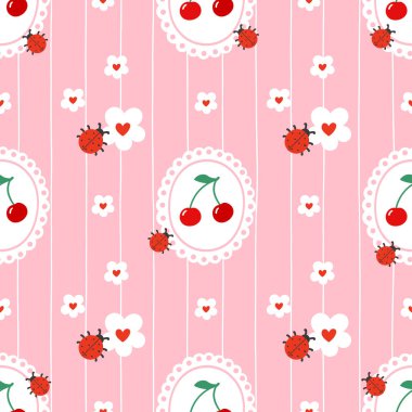 Kawaii uğur böceği ve papatya çayı pürüzsüz deseni. Bahar temalı bebek kıyafetleri, çocuk duvar kağıtları ve çiçek desenli kumaşlar için ideal..