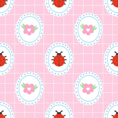 Uğurböceği desenli kusursuz kawaii deseni, papatya çiçekleri ve yumuşak pastel tonlarda papatyalar. Çocuk tekstil, çocuk dekorasyonu ve ambalaj kağıdı için harika bir vektör tasarımı..