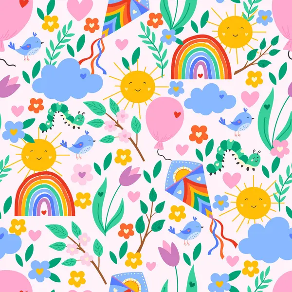 Renkli bir pastel vektör tasarımında gökkuşağı, güneş ve bulutlarla kusursuz kawaii yay deseni. Çocuklar için tekstil, duvar kâğıdı ve ambalaj kağıdı için mükemmel..