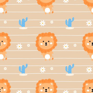 Tatlı aslanlar, orman çiçekleri ve pastel gökkuşağı içeren Kawaii kusursuz desen. Çocuklar için vektör tasarımı kumaş, duvar kâğıdı ve oyuncu çocuk dekorasyonu için mükemmel..