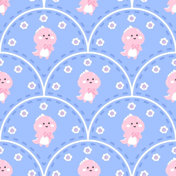 Kawaii kusursuz desenli şirin pastel dinozorlar ve gingham arka planda çiçekler. Bebek tekstili, bebek dekorasyonu ve çocuk kıyafetleri için vektör tasarımı mükemmel..