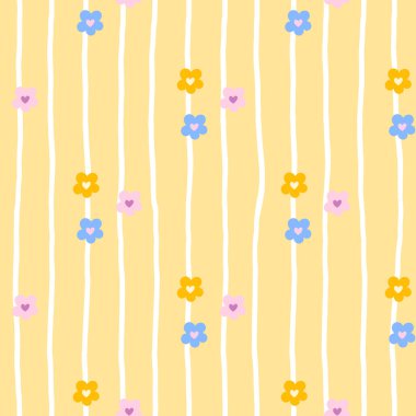 Kawaii çiçeksiz desenli papatya, papatya ve orman dokunuşları. Bebek ürünleri, bahar kumaşları ve rahat duvar kağıtları için ideal..