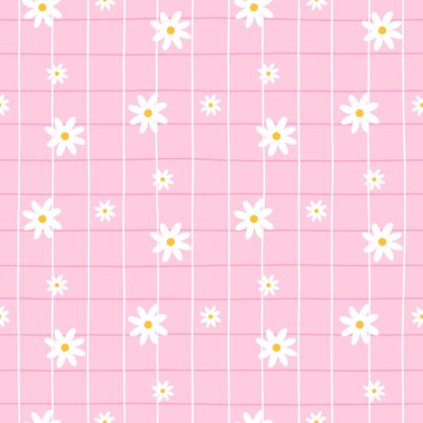 Papatya çiçekleri ve gingham arkaplanı olan kusursuz bir desen. Şirin yay vektör tasarımı kumaş, duvar kağıdı ve çocuk dekorasyonu için mükemmel..