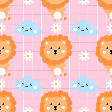 Tatlı aslanlar, orman çiçekleri ve pastel bir buluttan oluşan Kawaii kusursuz desen. Çocuklar için vektör tasarımı kumaş, duvar kâğıdı ve oyuncu çocuk dekorasyonu için mükemmel..