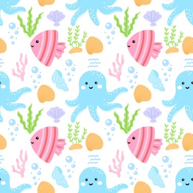 Etrafı mercan ve deniz yosunlarıyla çevrili şirin deniz ahtapotları, balıklar ve denizyıldızlarıyla kusursuz desenler. Pastel vektör tasarımı bebek tekstil ve bebek duvar kağıdı için mükemmel..