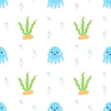 Kawaii 'nin kusursuz deseninde tropik sualtı dünyasında sevimli ahtapot ve mercanlar var. vektör tasarımı çocuklar için mükemmel tekstil ve okyanus temalı dekor.