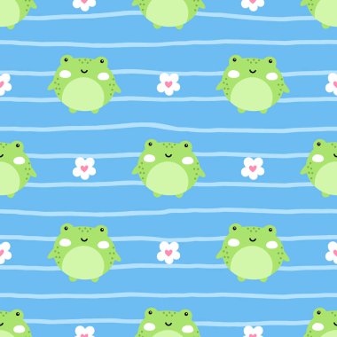 Kawaii kurbağalarının yumuşak pastel renklerinde kusursuz desenleri var. Sevimli el yapımı vektör tasarımı çocuklar için mükemmel kumaş, duvar kağıtları ve çocuk odası dekorasyonu.