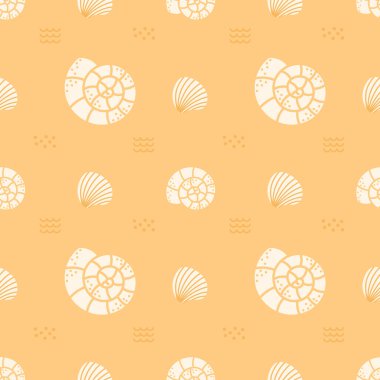 Pastel deniz kabukları ve kawaii deniz tarzında okyanus elementleriyle kusursuz desen. Plaj temalı tekstil ve yaz dekorasyonu için harika bir vektör arkaplanı.