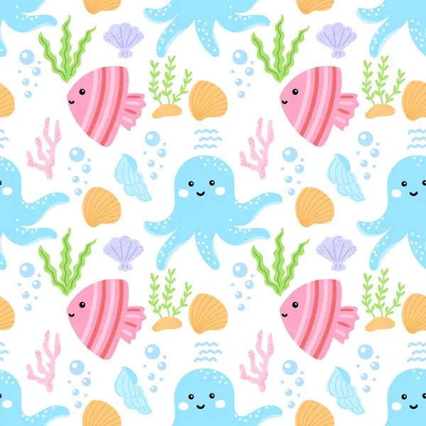 Etrafı mercan ve deniz yosunlarıyla çevrili şirin deniz ahtapotları, balıklar ve denizyıldızlarıyla kusursuz desenler. Pastel vektör tasarımı bebek tekstil ve bebek duvar kağıdı için mükemmel..