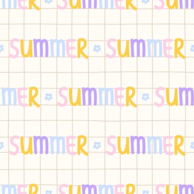 Kawaii 'nin yumuşak ve renkli tonlu yaz dönemi tipografisinin vektör çizimi. Yaz pikniği tekstili, ambalaj kağıdı ve çocuk kıyafetleri için mükemmel..