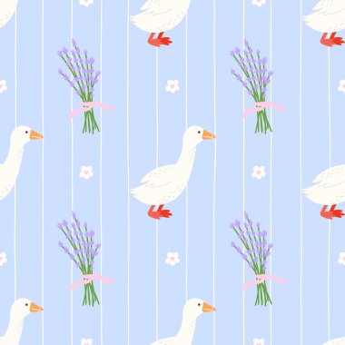 Kawaii kaz, lavanta ve çiçeklerle kusursuz desen. Çocuk ürünleri, kumaş ve kırsal temalı tasarımlar için mükemmel..