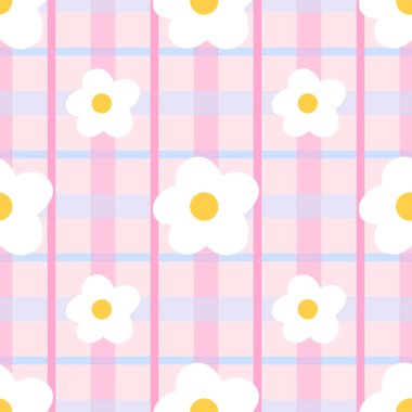 Papatya ve pastel tonlu kusursuz kawai çiçeği deseni. Bahar tekstili ve sevimli arka planlar için mükemmel..