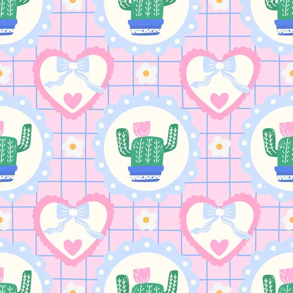 Kawaii vektör kusursuz botanik deseni ile sulu, kalp, el yapımı saksıda çiçek. Soyut İskandinav motifleri, çocuk kıyafetleri ve dekoratif yüzeyler için şebeke dokularıyla birleştirilmiştir..