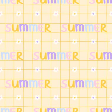 Kawaii 'nin yumuşak ve renkli tonlu yaz dönemi tipografisinin vektör çizimi. Yaz pikniği tekstili, ambalaj kağıdı ve çocuk kıyafetleri için mükemmel..