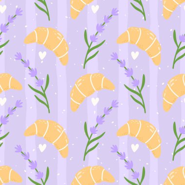 Kawaii kruvasanı ve çiçek ve Fransız fırın elementleriyle desensiz lavanta deseni. Şirin tekstil ve ambalaj için pastel arka planda elle çizilmiş vektör..