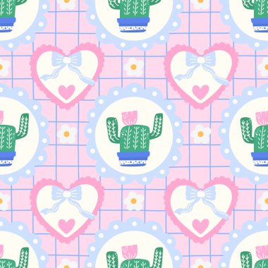 Kawaii vektör kusursuz botanik deseni ile sulu, kalp, el yapımı saksıda çiçek. Soyut İskandinav motifleri, çocuk kıyafetleri ve dekoratif yüzeyler için şebeke dokularıyla birleştirilmiştir..
