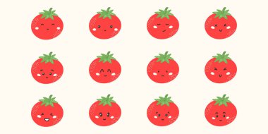 Komik yüzleri ve duyguları olan şirin kawaii domates vektör etiketleri: mutlu, üzgün, kızgın, şaşırmış. Çocuklar için düz karakterler, eğitim ve sağlıklı beslenme tasarımları.