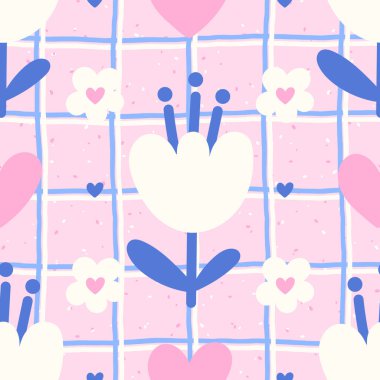Kawaii kaktüsleri, papatyalar, damalı yapraklar ve gingham arkaplanından oluşan sevimli çiçek ve bitki vektörsüz desen. Modern kumaş baskısı için İskandinav halk unsurları ile Doodle tarzı.