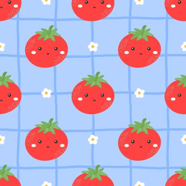 Gülümseyen kawaii yüzlü şirin vektörsüz domates deseni. Çocuk ürünleri, vejetaryen gıda ambalajları ve eğlenceli kumaş baskıları için harika..