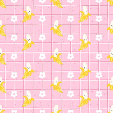 Yüzleri ve çiçek aksanlı şirin muzlar vektörsüz desenli. Ambalaj kağıdı, tekstil ya da meyveli çocuk dekoru için mükemmel..