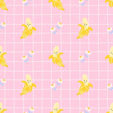 Gülümseyen yüzleri ve tropikal titreşimleri olan kusursuz vektör desenli kawaii muzu. Çocuk kıyafetleri, sağlıklı yemek baskıları ya da eğlenceli yaz tasarımları için harika..