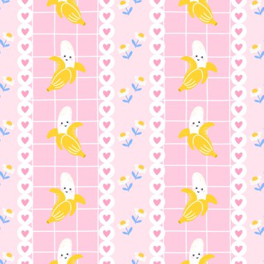 Kawaii tarzında, mutlu ifadeli, tropik muz vektörsüz desen. Kumaş, duvar kağıdı veya vegan dostu ambalaj için ideal.